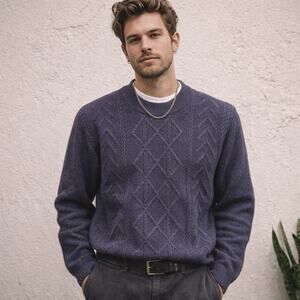 Men's Sz L Blue Super Soft Cable Print Cotton Crew Neck Sweater Pullover Fleece